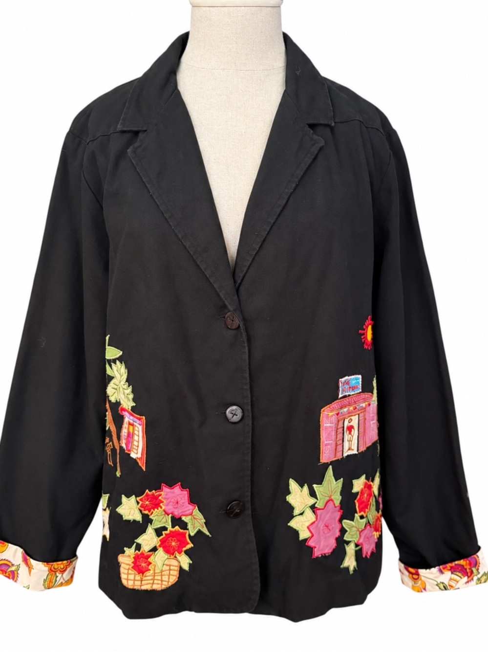 Hearts of Palm Black Cotton Embroidered Tropical Jacket Blazer Size 14